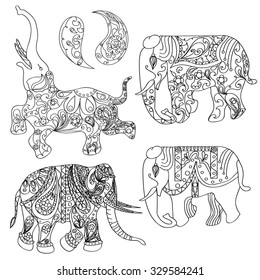 Vector decorated Indian Elephant, coloring-book, white-black outlines