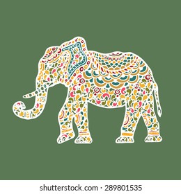 Vector decorated Indian Elephant silhouette and colored. 