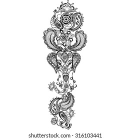 Vector decorated Indian Elephant silhouette and indian doodle