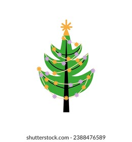 Vector decorated new year tree modern cartoon Christmas fir with xmas new year decorations, illustration
