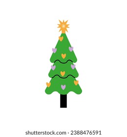 Vector decorated new year tree modern cartoon Christmas fir with xmas new year decorations, illustration