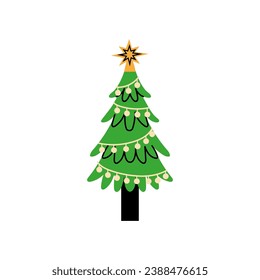 Vector decorated new year tree modern cartoon Christmas fir with xmas new year decorations, illustration