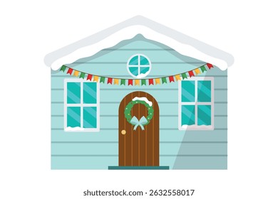 Vector decorated winter blue house for christmas isolated on white background. Building decoration garland and snow on roof. Rural cottages flat design