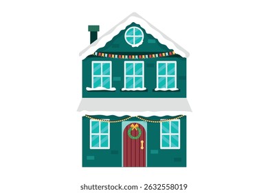 Vector decorated winter blue house for christmas isolated on white background. Building decoration garland and snow on roof. Rural cottages flat design
