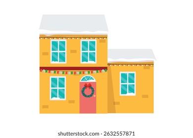 Vector decorated winter yellow house for christmas isolated on white background. Building decoration garland and snow on roof. Rural cottages flat design