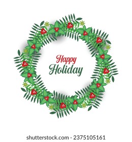 Vector decorated wreath with red bow isolated on white background