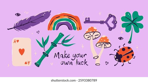 Vector decorating design elements of Lucky Charms, bring wealth and prosperity, Good Luck. Collection of flat elements on isolated background.