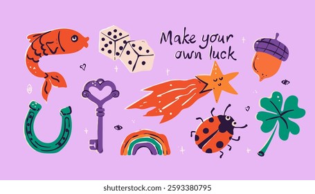 Vector decorating design elements of Lucky Charms, bring wealth and prosperity, Good Luck. Collection of flat elements on isolated background.