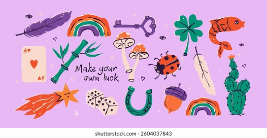Vector decorating design elements of Lucky Charms, bring wealth and prosperity, Good Luck. Collection of flat elements on isolated background.