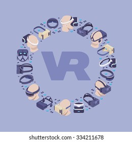 Vector decorating design made of isometric virtual reality headsets. Colorful card template with copy space