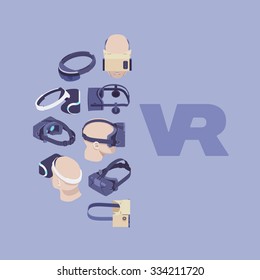 Vector decorating design made of isometric virtual reality headsets. Colorful card template with copy space