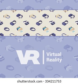 Vector decorating design made of isometric virtual reality headsets. Colorful card template with copy space