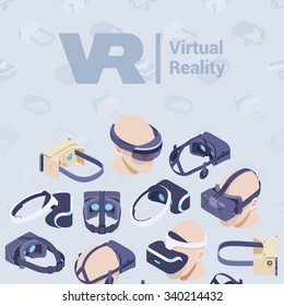 Vector decorating design made of isometric virtual reality headsets. Colorful card template with copy space