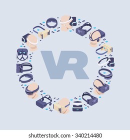 Vector decorating design made of isometric virtual reality headsets. Colorful card template with copy space