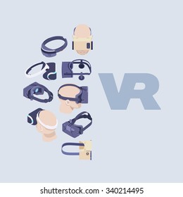 Vector decorating design made of isometric virtual reality headsets. Colorful card template with copy space