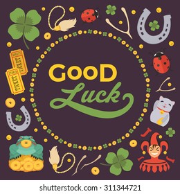 Vector decorating design made of Lucky Charms, and the words Good Luck. Colorful card template with copy space