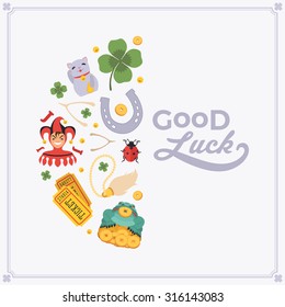 Vector decorating design made of Lucky Charms, and the words Good Luck. Colorful card template with copy space