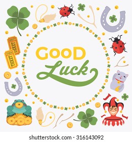 Vector decorating design made of Lucky Charms, and the words Good Luck. Colorful card template with copy space