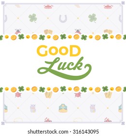 Vector decorating design made of Lucky Charms, and the words Good Luck. Colorful card template with copy space