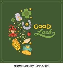 Vector decorating design made of Lucky Charms, and the words Good Luck. Colorful card template with copy space