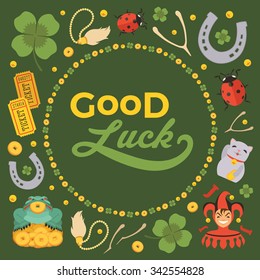 Vector decorating design made of Lucky Charms, and the words Good Luck. Colorful card template with copy space