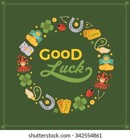 Vector decorating design made of Lucky Charms, and the words Good Luck. Colorful card template with copy space