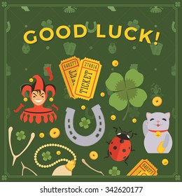 Vector decorating design made of Lucky Charms, and the words Good Luck. Colorful card template with copy space