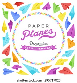 Vector decorating design made of paper planes. Colorful card template with copy space