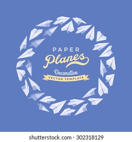 Vector decorating design made of paper planes. Blue and white card template with copy space
