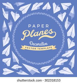 Vector decorating design made of paper planes. Blue and white card template with copy space
