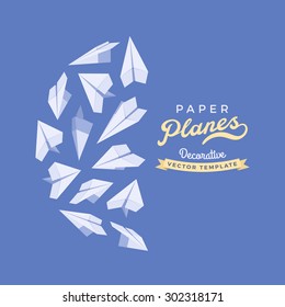 Vector decorating design made of paper planes. Blue and white card template with copy space