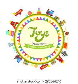 Vector decorating design made of toys. Colorful card template with copy space