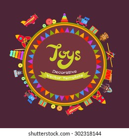 Vector decorating design made of toys. Colorful card template with copy space