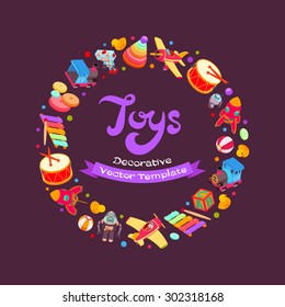 Vector decorating design made of toys. Colorful card template with copy space