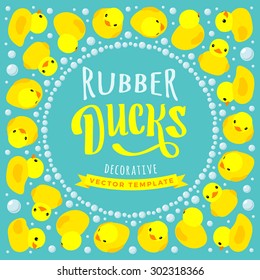 Vector decorating design made of yellow rubber ducks. Colorful card template with copy space