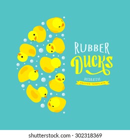 Vector decorating design made of yellow rubber ducks. Colorful card template with copy space