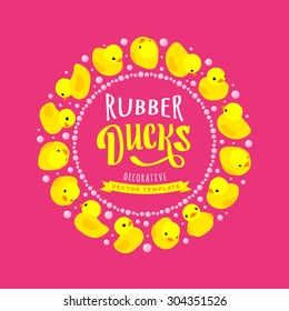 Vector decorating design made of yellow rubber ducks. Colorful card template with copy space