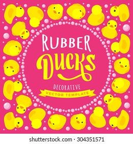 Vector decorating design made of yellow rubber ducks. Colorful card template with copy space