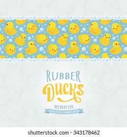 Vector decorating design made of yellow rubber ducks. Colorful card template with copy space