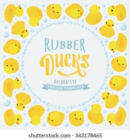 Vector decorating design made of yellow rubber ducks. Colorful card template with copy space