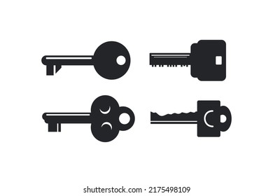 Vector decoration of assorted key shapes on white background. Vector black key shape