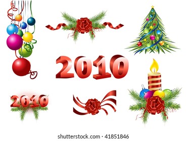 Decoración vectorial - Bellamente navideña pino, cinta, árbol de navidad, bola colorida, vela, composición de año nuevo 2010