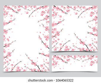 Vector decoration branches with flowers, spring blossom sakura. Set of greeting cards