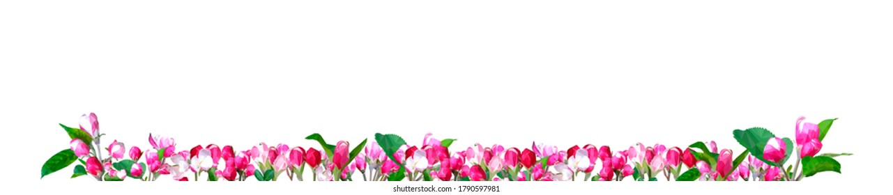 Vector decoration consisting of blossoming flowers, leaves, wreath, floral and herbs garland. Botanic design green ornament concept in low poly style isolated on white