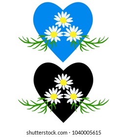 Vector decoration with hearts and camomile flowers. White chamomile flowers with green leaves. Sticker for products with medical herbs. 