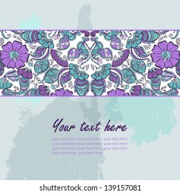 Vector decoration, invitation card on grunge background with lace ornament. Template frame design for card