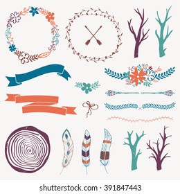 Vector decoration set with arrows, feathers, floral frames, borders, ribbons, branches. Modern romantic boho style. Elements for invitations, greeting cards.