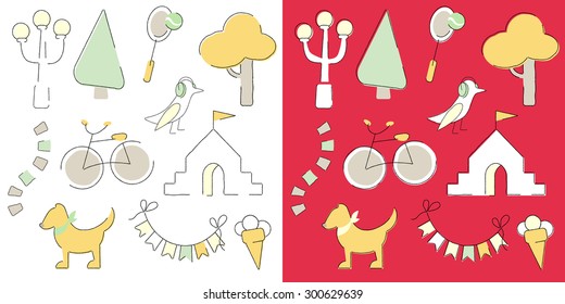 Vector decoration set outdoors street outside cartoon line illustration. Isolated on white, isolated on red, also looks good on any color background. Easy to change colors. 