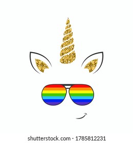 Vector decoration in the shape of a unicorn horn with a floral wreath with cute eyes and rainbow glasses, suitable for a holiday for girls. Ornament for a baby shower, an element of decoration.