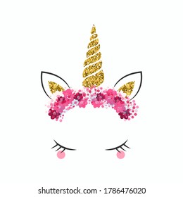 Vector decoration in the shape of a unicorn horn with a flowers wreath with cute eyes, suitable for a holiday for girls. Ornament for a baby shower, an element of decoration can be used on postcards.